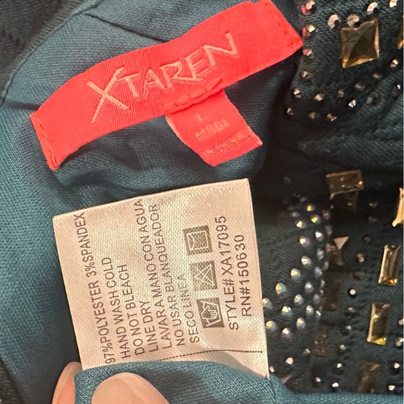 XTaren Teal Green Long Sleeve Quilted Dress Gold and Silver Stones Size Large - Picture 12 of 16